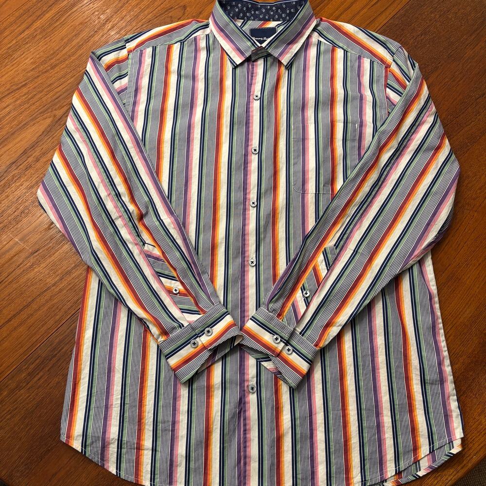 Tommy Bahama men’s multi color striped button down long sleeve dress shirt Sz L